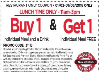 Get Free Coupon BOGOF Meal From Boston Market